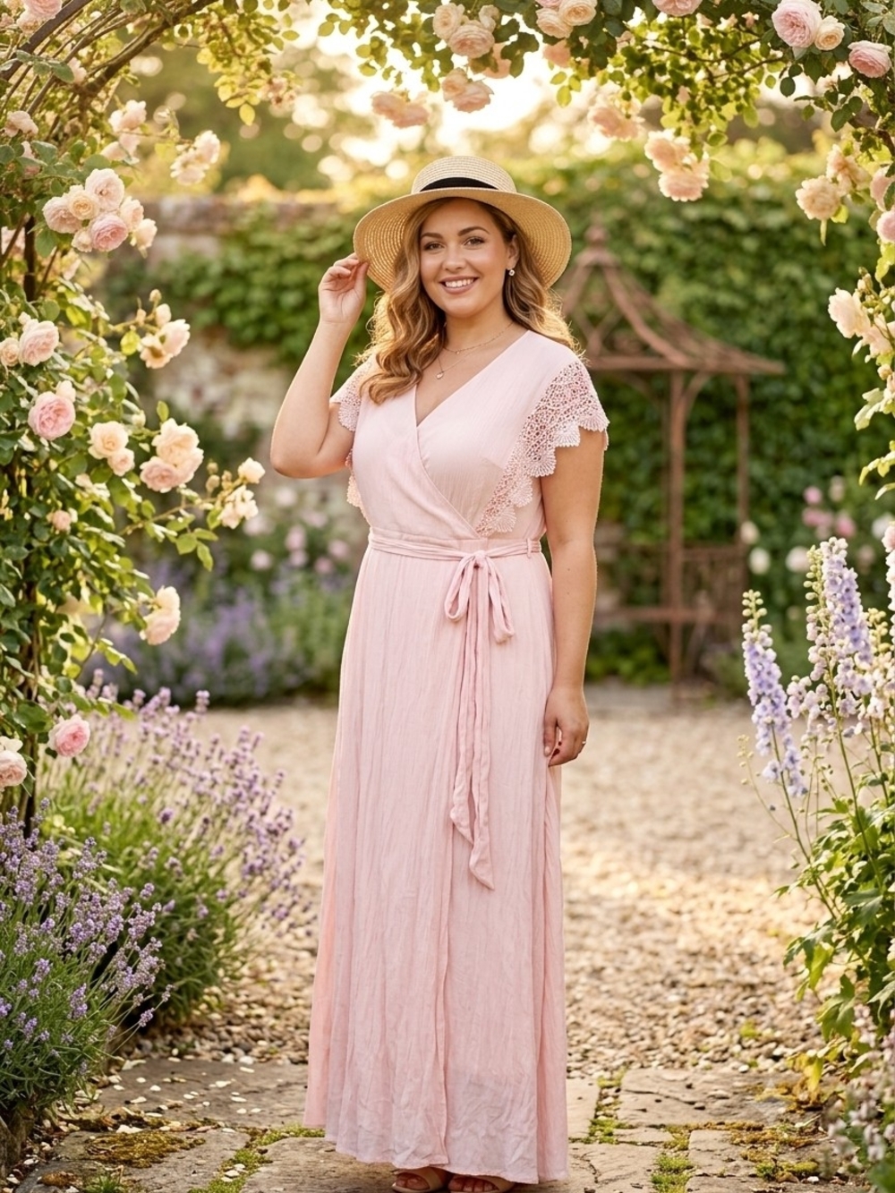 Roaman's Blush Pink Lace-Trim Wrap Maxi Dress